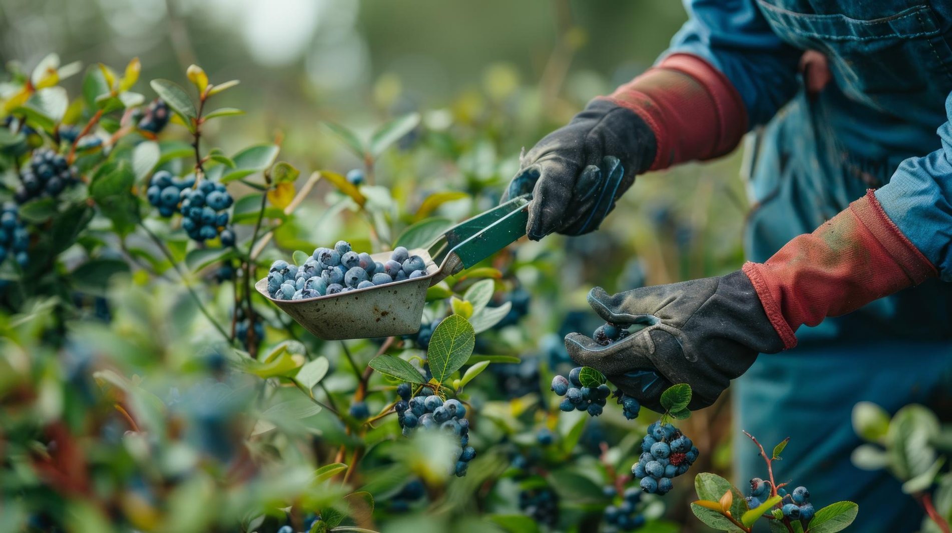 Cosecha a mano de arándanos en los arbustos de la finca.